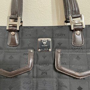 MCM Satchel black canvas brown leather trim vintage near perfect condition